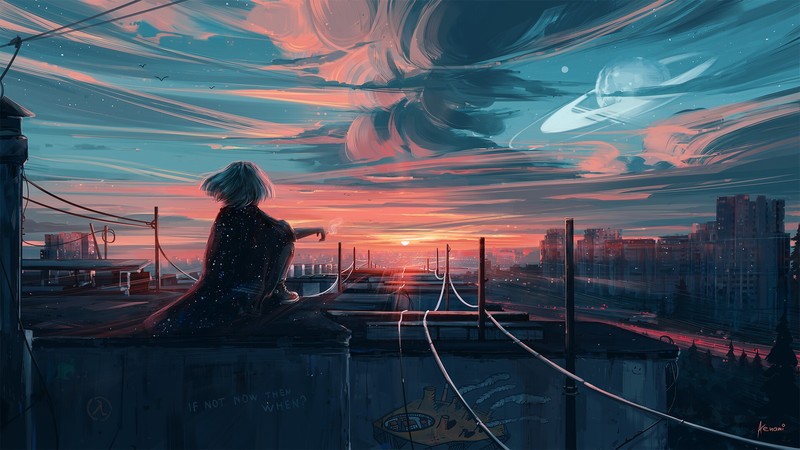 sunset, sunlight, rooftops, Aenami, clouds, powerlines, stars, digital art, artwork, city, cityscape, horizon, planet