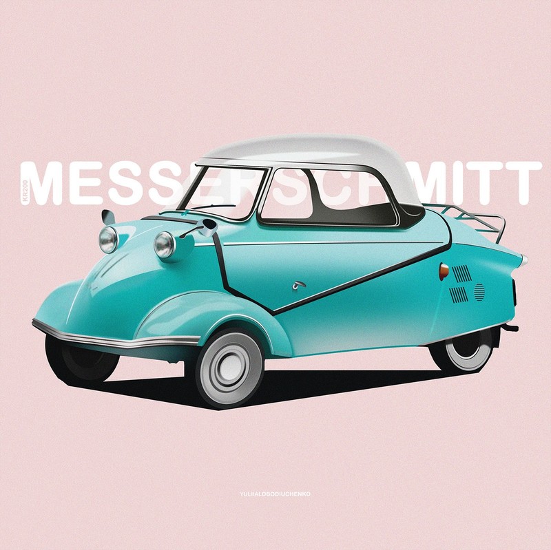 car, illustration, classic car, Yuliia Lobodiuchenko, Messerschmitt, simple background, typography