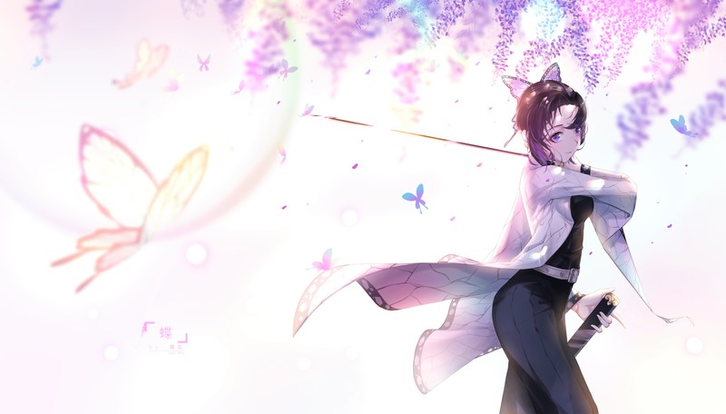 anime, anime girls, Kimetsu no Yaiba, Kochou Shinobu, sword, butterfly, uniform
