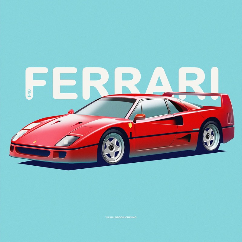 car, illustration, classic car, Yuliia Lobodiuchenko, Ferrari, Ferrari F40, front angle view, pop-up headlights, simple background, typography