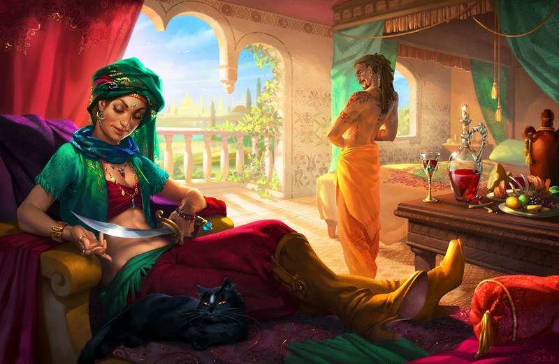 Vera Velichko, women, digital painting, sword, boots, towel, indian hat, blouse, cats, balcony, nature, drink, blankets, men, food, armchair, jars