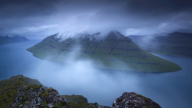 nature, landscape, mountains, fjord, clouds, sea, Faroe Islands