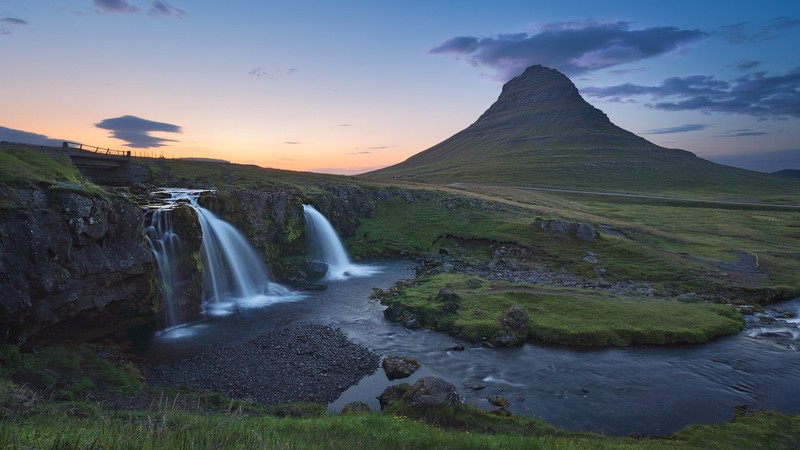 nature, landscape, waterfall, sky, clouds, mountains, sunset, Kirkjufell, Iceland