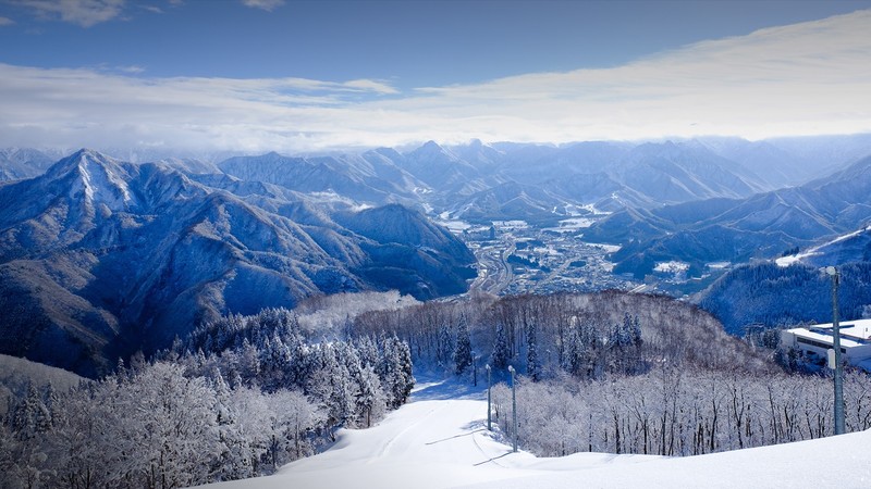 nature, landscape, sky, clouds, mountains, snowy mountain, trees, Ski, town, road, Japan, far view