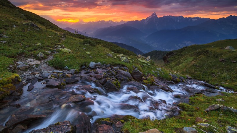 nature, landscape, water, mountains, rocks, clouds, sky, grass, sunset, far view, Georgia, Caucasus Mountains