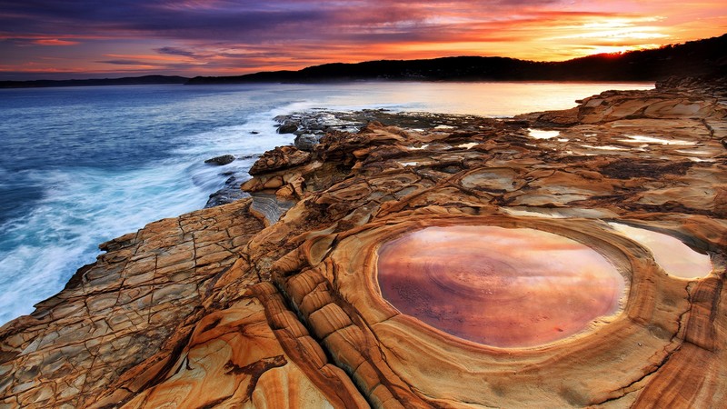 nature, landscape, water, hills, rocks, sea, coast, clouds, sky, sunset, Australia, Pacific Ocean