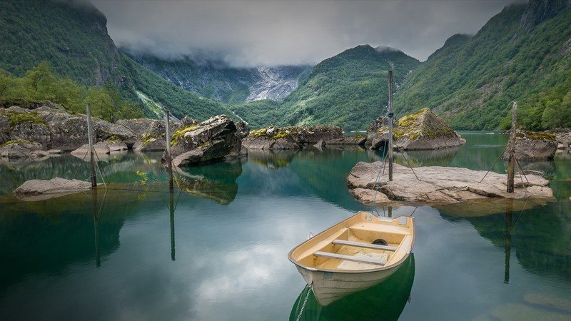 nature, landscape, water, mountains, clouds, boat, rocks, Monsoon, lake, valley, pier, trees, forest, Norway