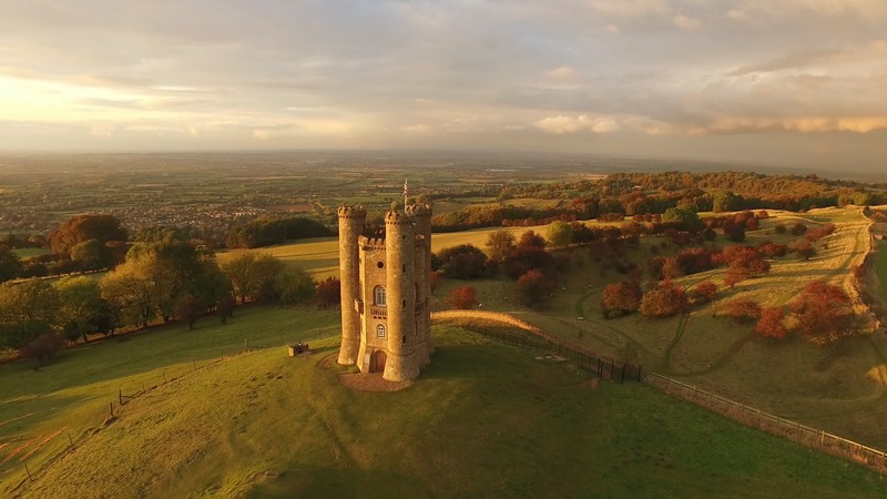 landscape, trees, grass, clouds, sky, aerial, aerial view, architecture, Broadway Tower, Worcestershire, UK