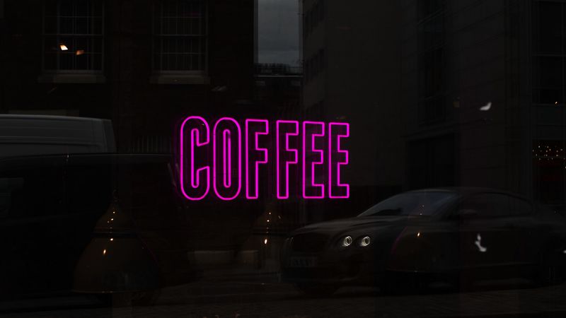 inscription, sign, neon, showcase, glass, reflection, coffee, 4k