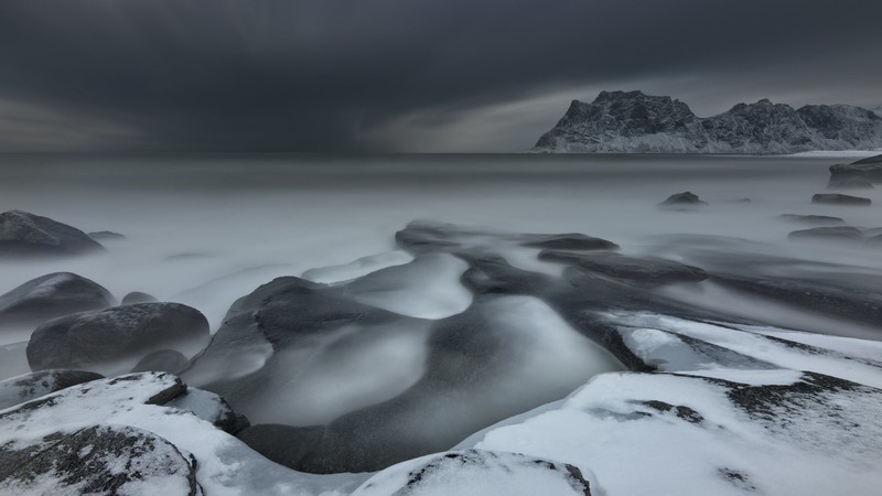 nature, landscape, sea, beach, sky, ice, snow, clouds, Uttakleiv Beach, Lofoten, Norway