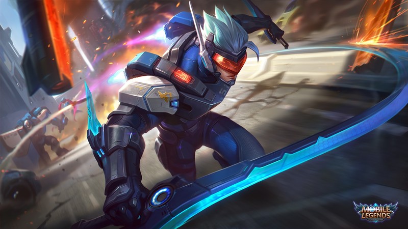 Arc Noir, drawing, men, warrior, bodysuit, weapon, sword, visors, blue, motion blur, fighting, Mobile Legends