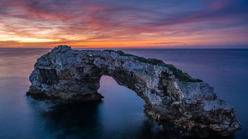 nature, landscape, sunset, sky, clouds, arch, sea, Balearic Islands, Mallorca, Spain