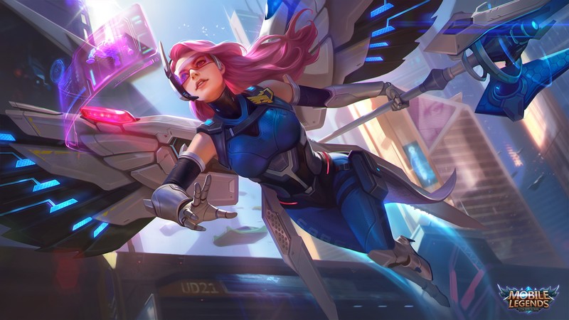 Arc Noir, drawing, women, pink hair, long hair, visors, flying, wings, bodysuit, blue clothing, city, science fiction, Mobile Legends, low-angle