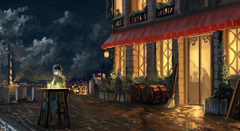 TomTC, fantasy art, digital art, table, rabbits, barrels, clouds, evening, coffee, cafe