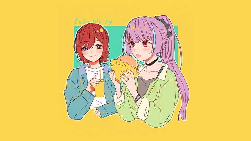 Macross Delta, Kaname Buccaneer, Mikumo Guynemer, anime, anime girls eating, yellow background