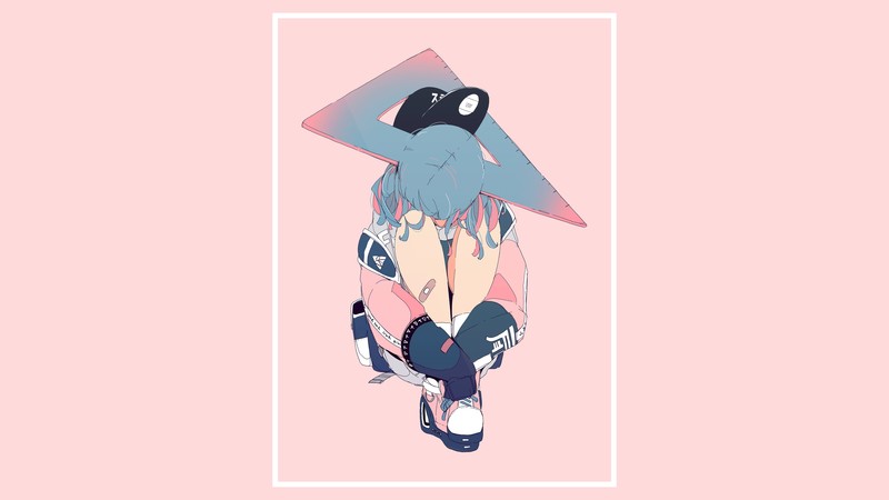 anime, anime girls, original characters, Streetwear, pink background, blue hair