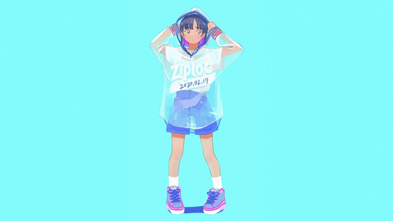 anime, anime girls, original characters, Streetwear, blue background, noise, cyan, cyan background