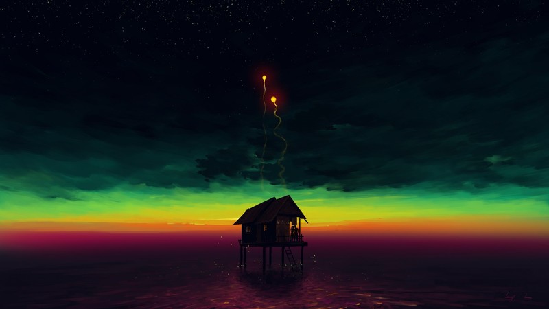 BisBiswas, fantasy art, digital art, flares, sea, sunset, ladder, fireflies, couple, horizon, stars
