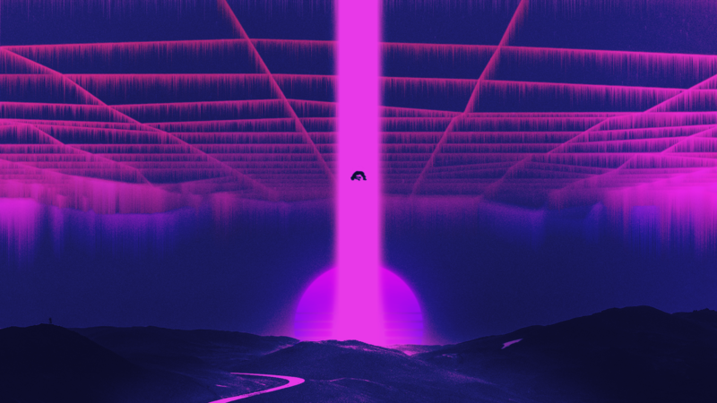 vaporwave, Retrowave, beam, mountains, artwork, aliens, alien abduction