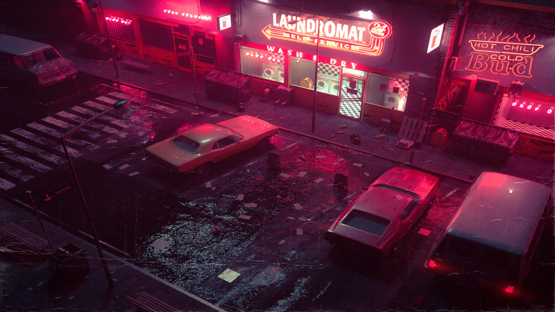 night, neon, car, neon glow, high angle