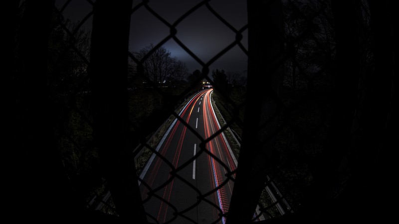 fisheye lens, road, long exposure, night, fence, lights, trees, light trails, dark