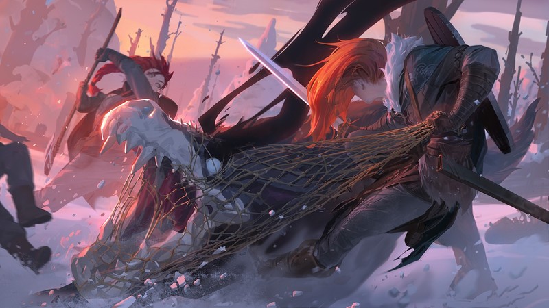 warrior girls, redhead, battle charge, snow, Mingchen Shen, artwork