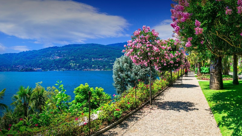 nature, landscape, trees, mountains, plants, floral, garden, lake, Italy, park, bay, sea, oleander