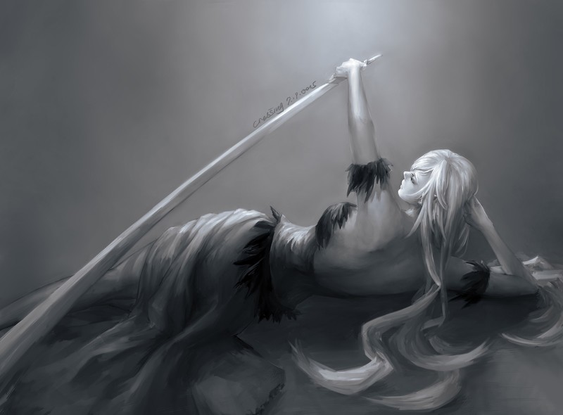 Monogatari Series, anime girls, women with swords, katana, thighs, cleavage, big boobs, monochrome, long hair, Oshino Shinobu, sideboob, 2D, curvy, fan art, bareback, messy hair, lying down, monster girl, vampires, pointed ears