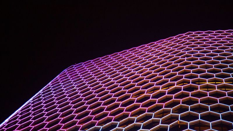 architecture, facade, geometric, hexagons, backlight, building, 4k