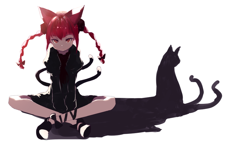Kaenbyou Rin, Touhou, white background, mifuru, animal ears, black cats, bow, braids, shadow, hair bows, long hair, long sleeves, Puffy Sleeves, red eyes, redhead, shoes, simple background, sitting, Smile, smiling, solo, tail