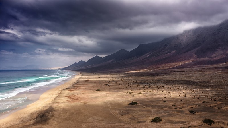 nature, landscape, sky, sea, sand, clouds, shore, mountains, Canary Islands, Fuerteventura, Spain