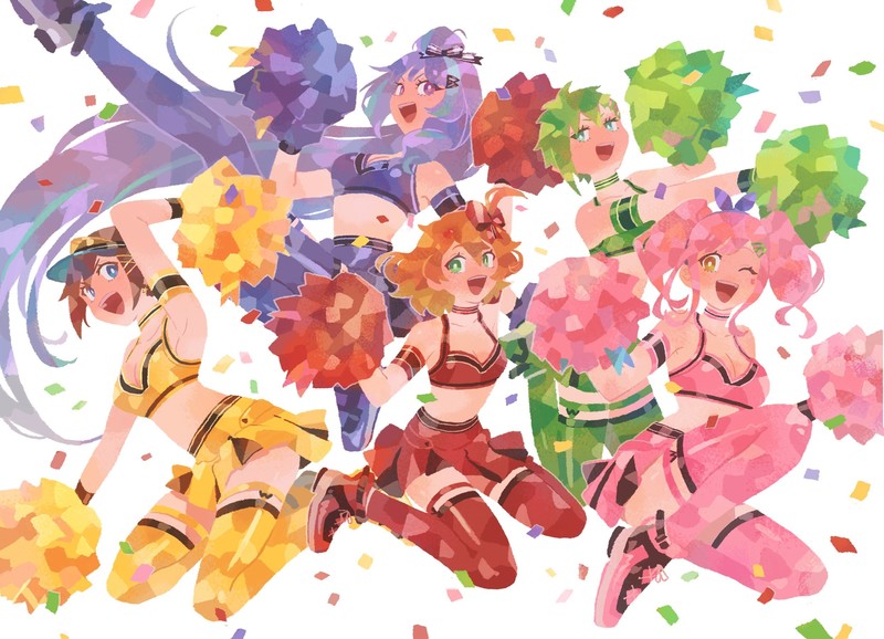 Macross Delta, Kaname Buccaneer, Mikumo Guynemer, Reina Prowler, Makina Nakajima, Freyja Wion, anime, anime girls, cheerleaders