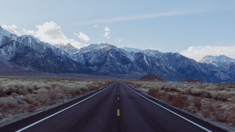 road, mountains, landscape, asphalt, straight, far, 4k