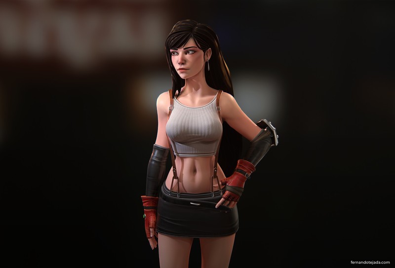Tifa Lockhart, digital art, big boobs, dark hair, standing, belly