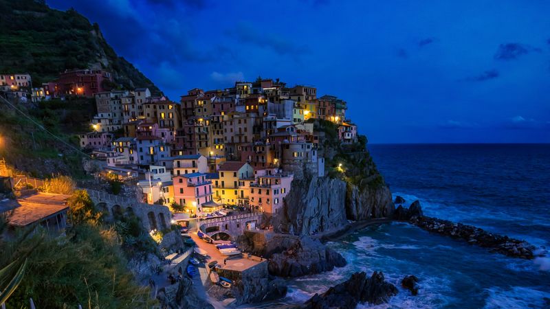 city, sea, cliff, coast, steep, rocky, manarola, italy, 4k