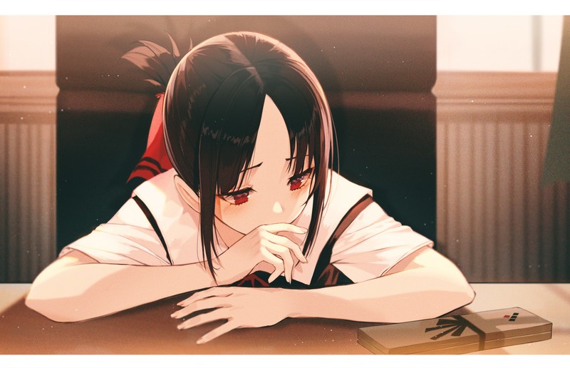 Kaguya-Sama: Love is War, anime girls, blushing, embarrassed, school uniform, JK, long hair, black hair, small boobs, red ribbon, Kaguya Shinomiya, 2D, red eyes, Pro-p, fan art, anime