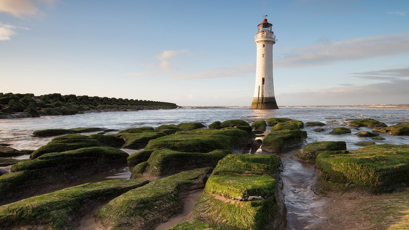 nature, landscape, rocks, moss, sea, water, lighthouse, England, clouds, sky, UK