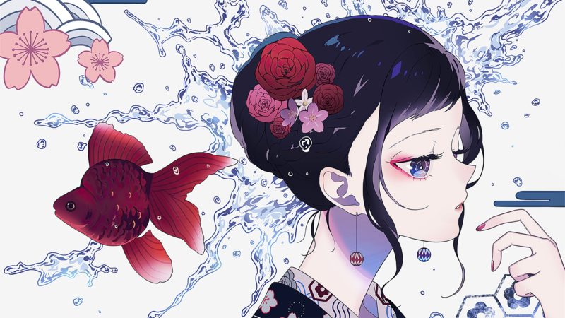 water, fish, roses, anime