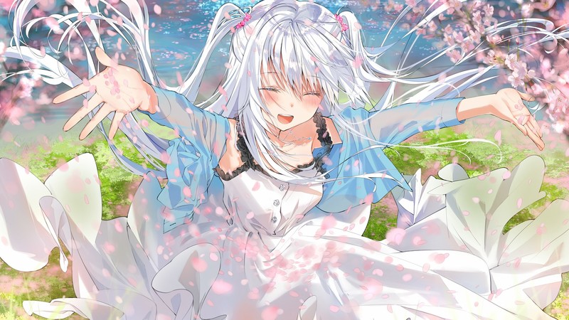 long hair, white hair, cherry blossom, flowers, anime