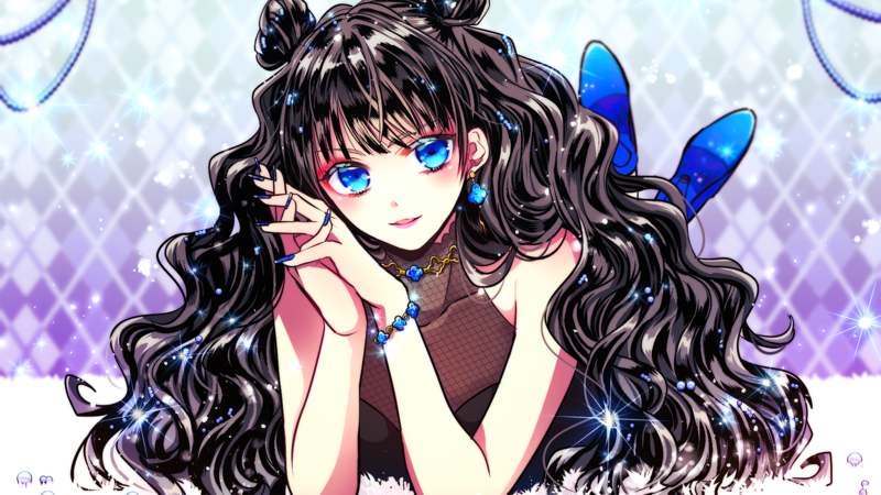 long hair, blue eyes, long earings, necklace, anime