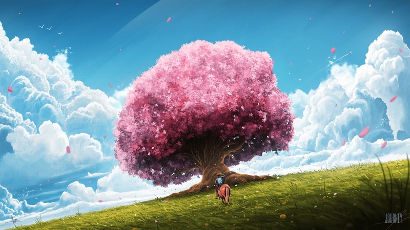 trees, grass, clouds, horse, digital art