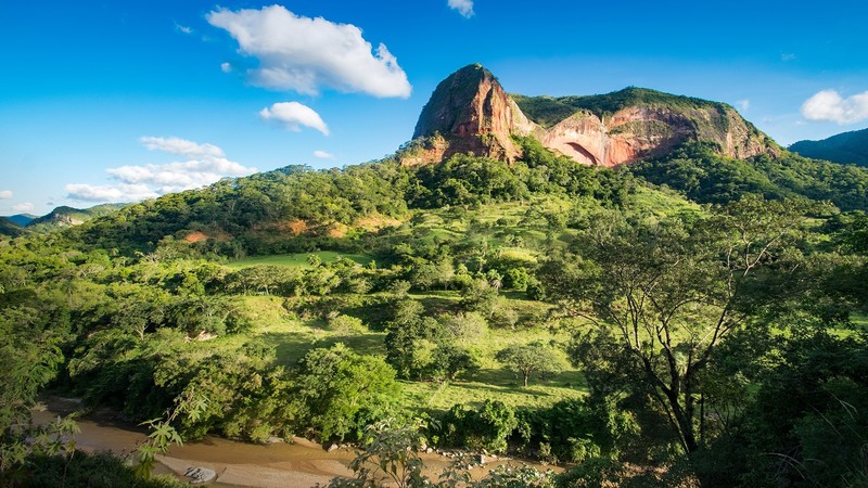 nature, landscape, mountains, rocks, trees, plants, clouds, sky, tropical, river