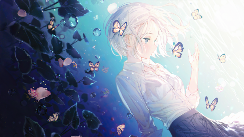 short hair, butterflies, leaves, white hair, water drops, anime