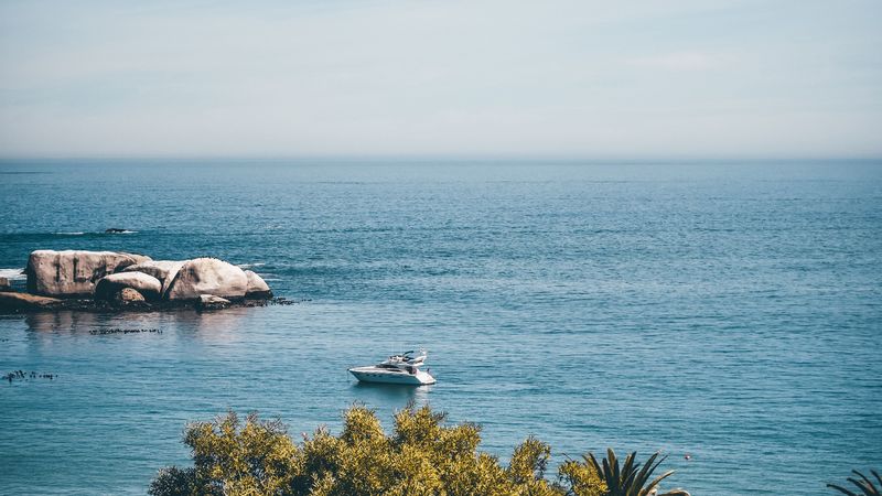sea, coast, horizon, trees, yacht, stones, 4k