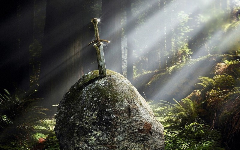 sword, fantasy art, stone, weapon, artwork, forest, Excalibur