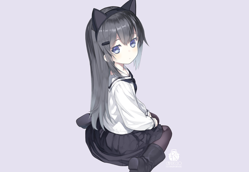 animal ears, school uniform, long hair, black hair, blue eyes, loli, skirt, pantyhose, boots, headband, anime