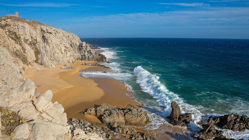 nature, landscape, water, sea, rocks, sand, clouds, sky, waves, coast, beach, Pacific Ocean, Mexico