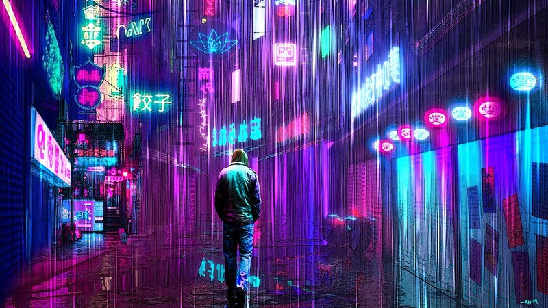 artwork, neon, neon glow, cats, street, rain, science fiction, digital art, Retrowave, vaporwave, pink, blue, cyberpunk