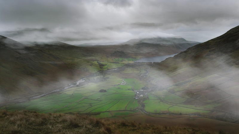 landscape, nature, field, mountains, lake, clouds