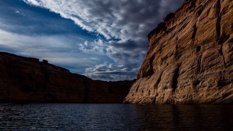 canyon, lake, cliff, shore, stony, deep, 4k